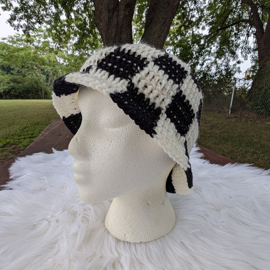 Checkerboard Bucket Hat โ Handmade Crochet, Black + Cream โ Feather Chakra
