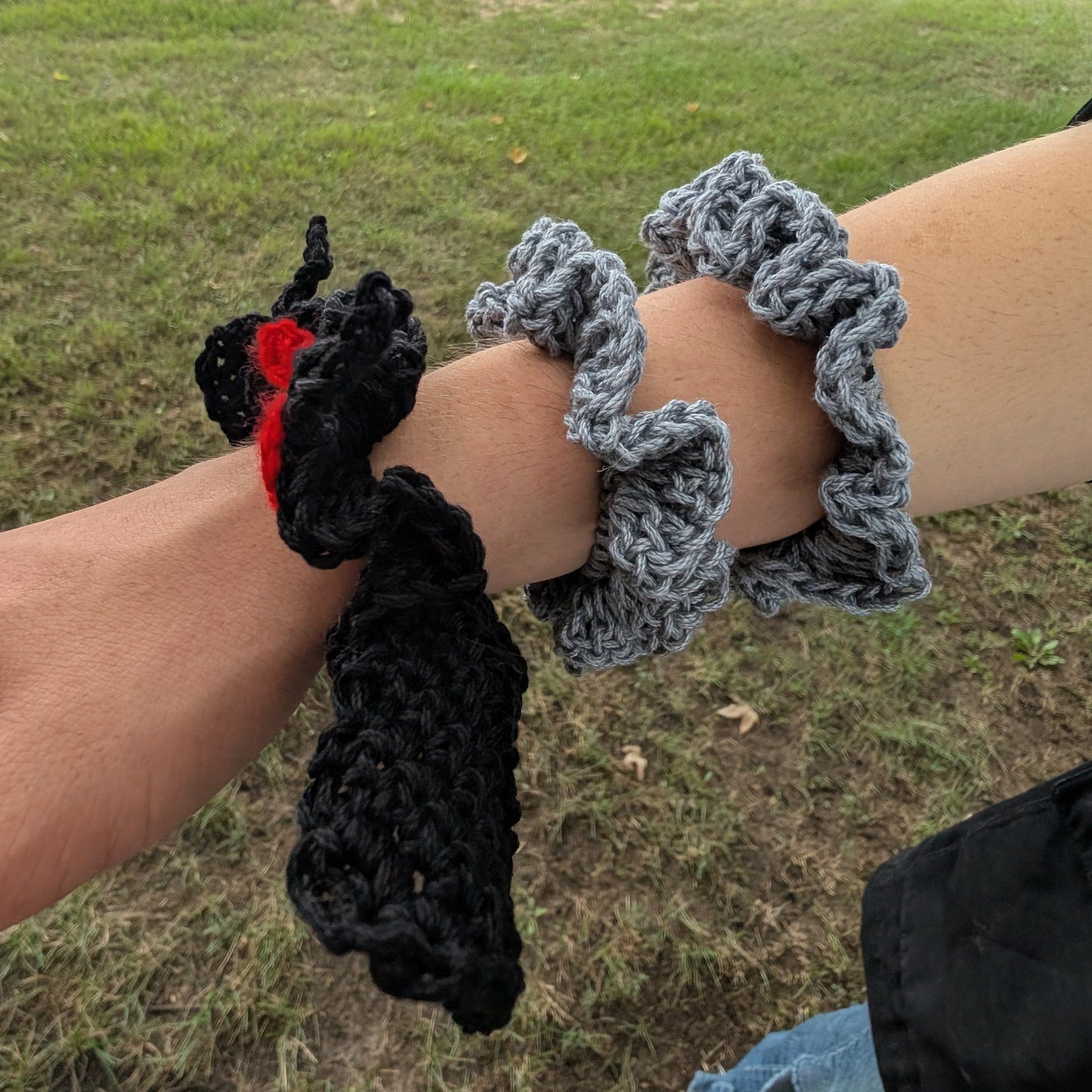 Mothman Scrunchie Set of 3 — Crochet Hair Ties, Black + Silver — Feather Chakra