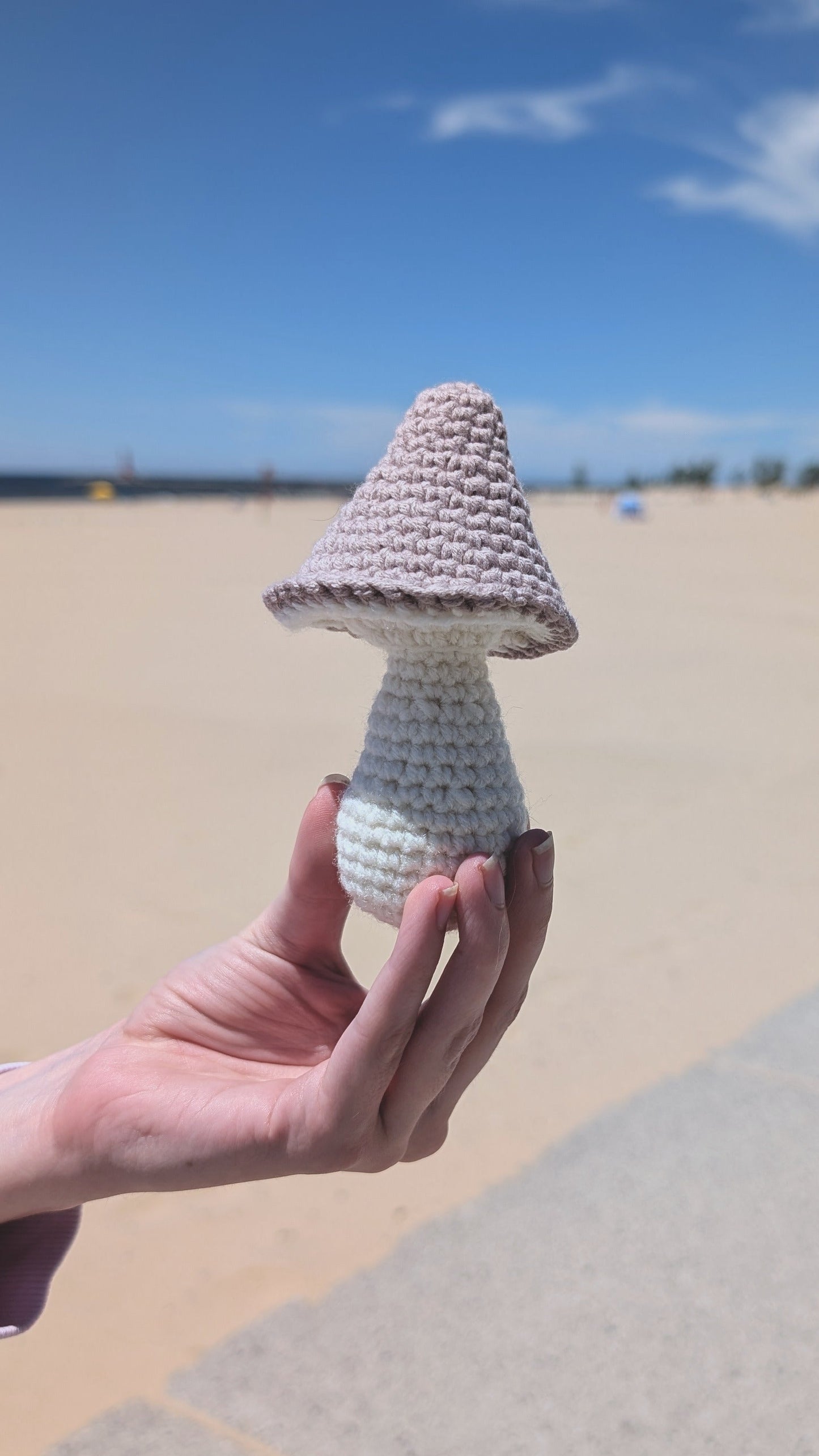 Hand holding a crochet mushroom against a beach background