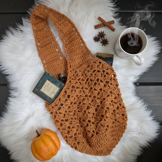 Lacy Market Tote — Handmade Crochet Cotton Bag, Warm Camel — Feather Chakra