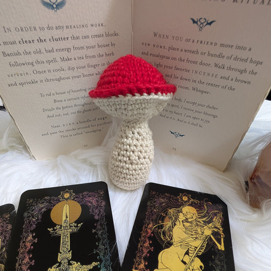 Red-Cap Toadstool Mushroom — Handmade Crochet Amigurumi Plush — Feather Chakra