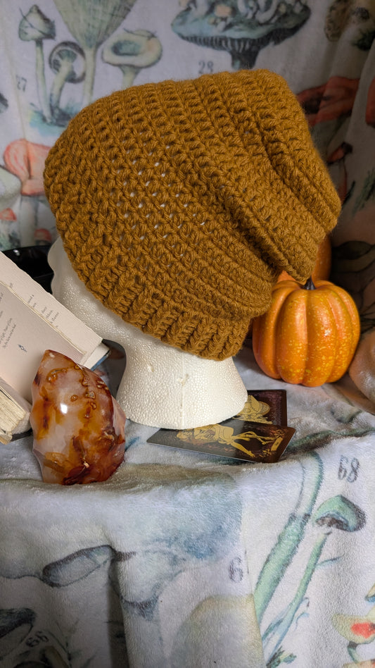 Harvest Gold Slouchy Beanie — Handmade Crochet Ribbed-Brim Hat — Feather Chakra