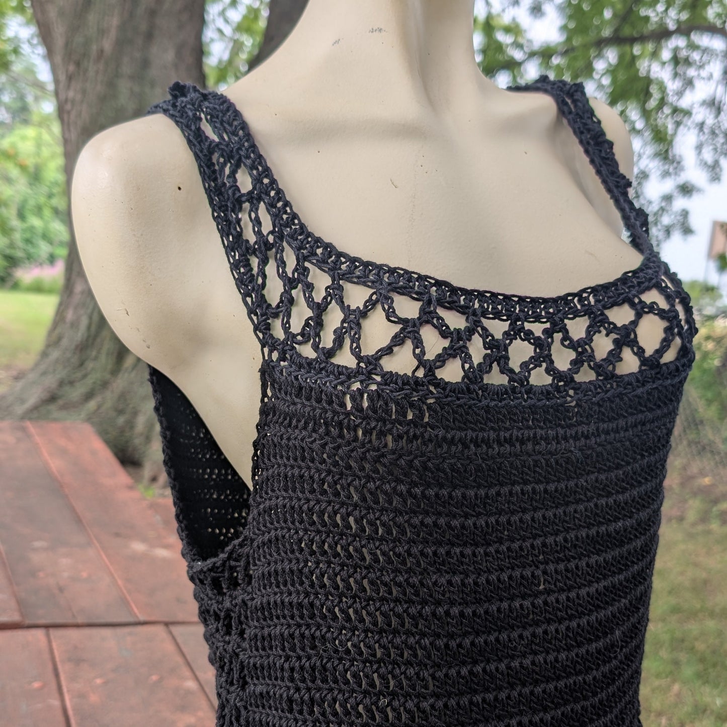 Aestas Open-Mesh Crochet Top — Charcoal, Size L — Feather Chakra