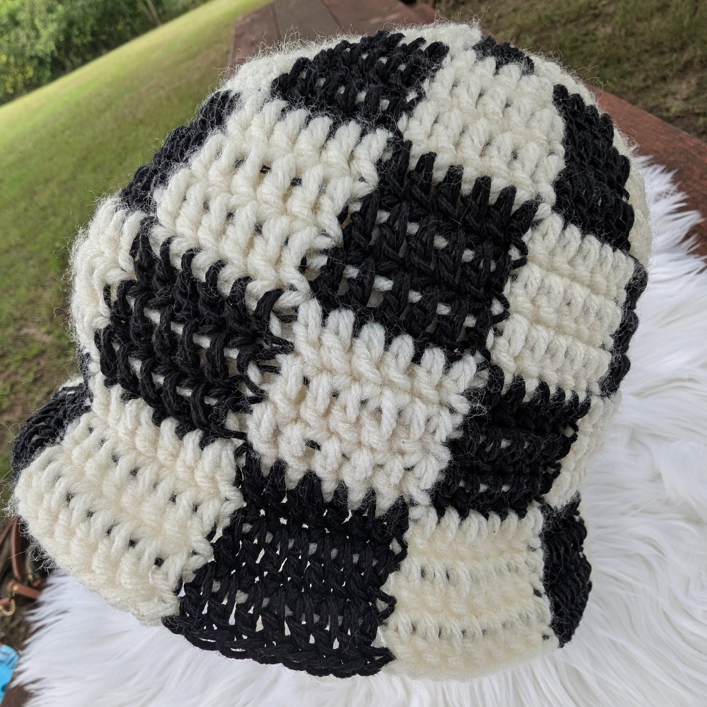 Checkerboard Bucket Hat — Handmade Crochet, Black + Cream — Feather Chakra