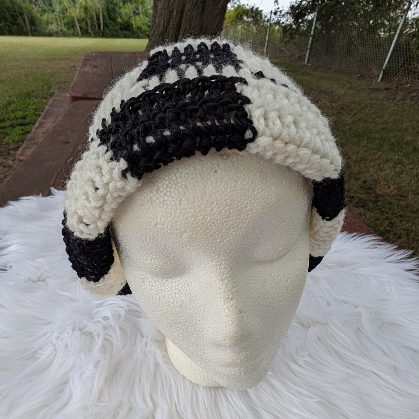 Checkerboard Bucket Hat — Handmade Crochet, Black + Cream — Feather Chakra