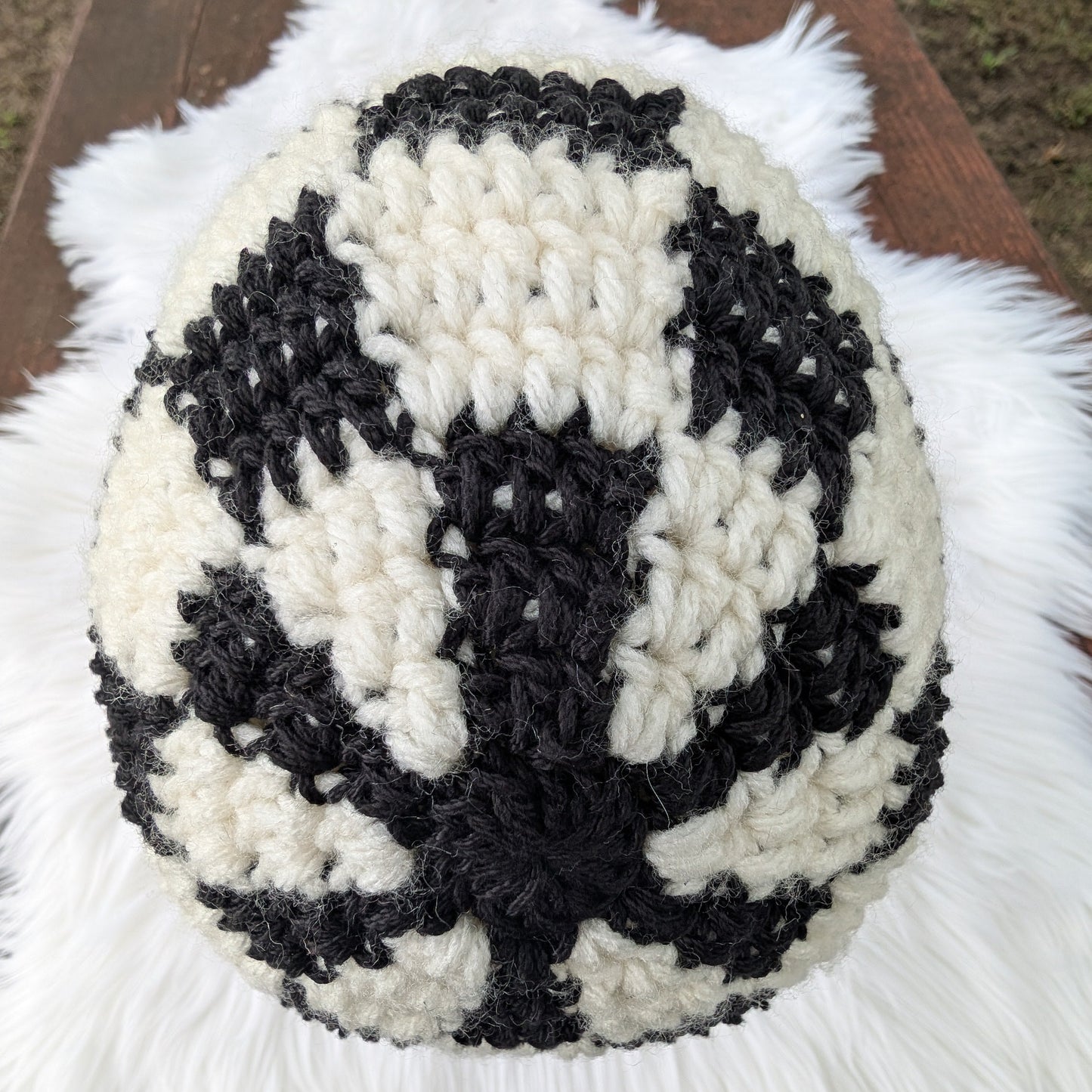 Checkerboard Bucket Hat — Handmade Crochet, Black + Cream — Feather Chakra