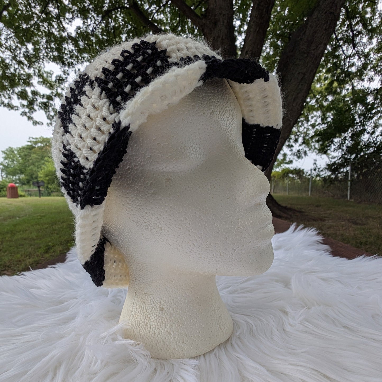 Checkerboard Bucket Hat — Handmade Crochet, Black + Cream — Feather Chakra