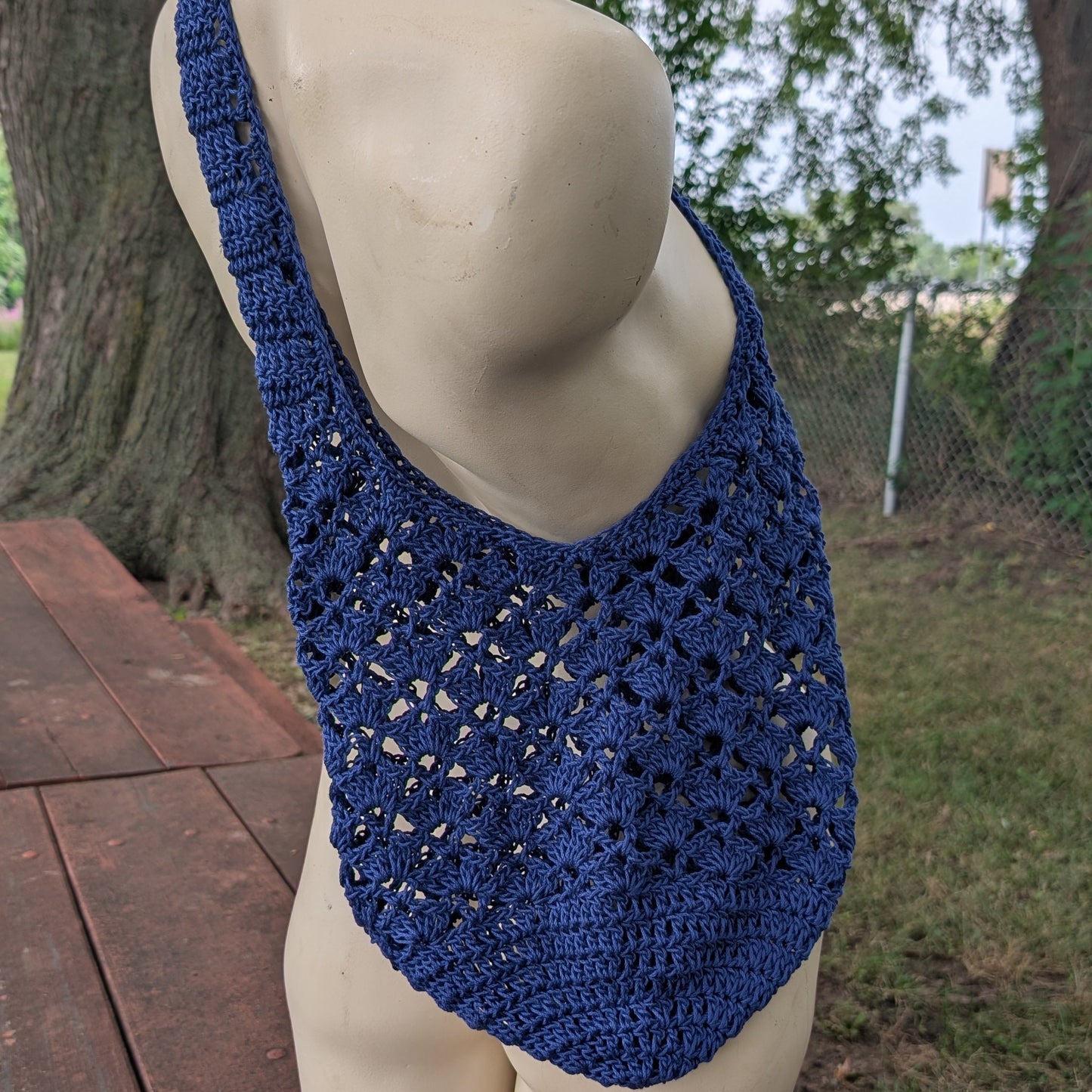 Lacy Market Tote — Handmade Crochet Bag, Deep Indigo — Feather Chakra