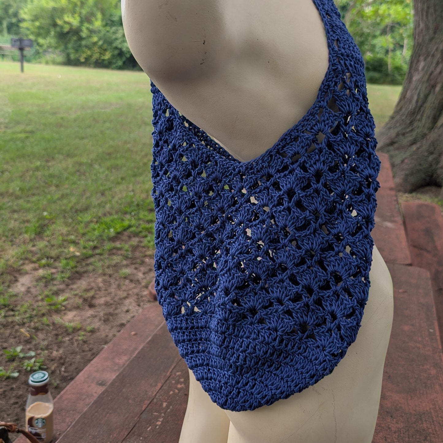 Lacy Market Tote — Handmade Crochet Bag, Deep Indigo — Feather Chakra