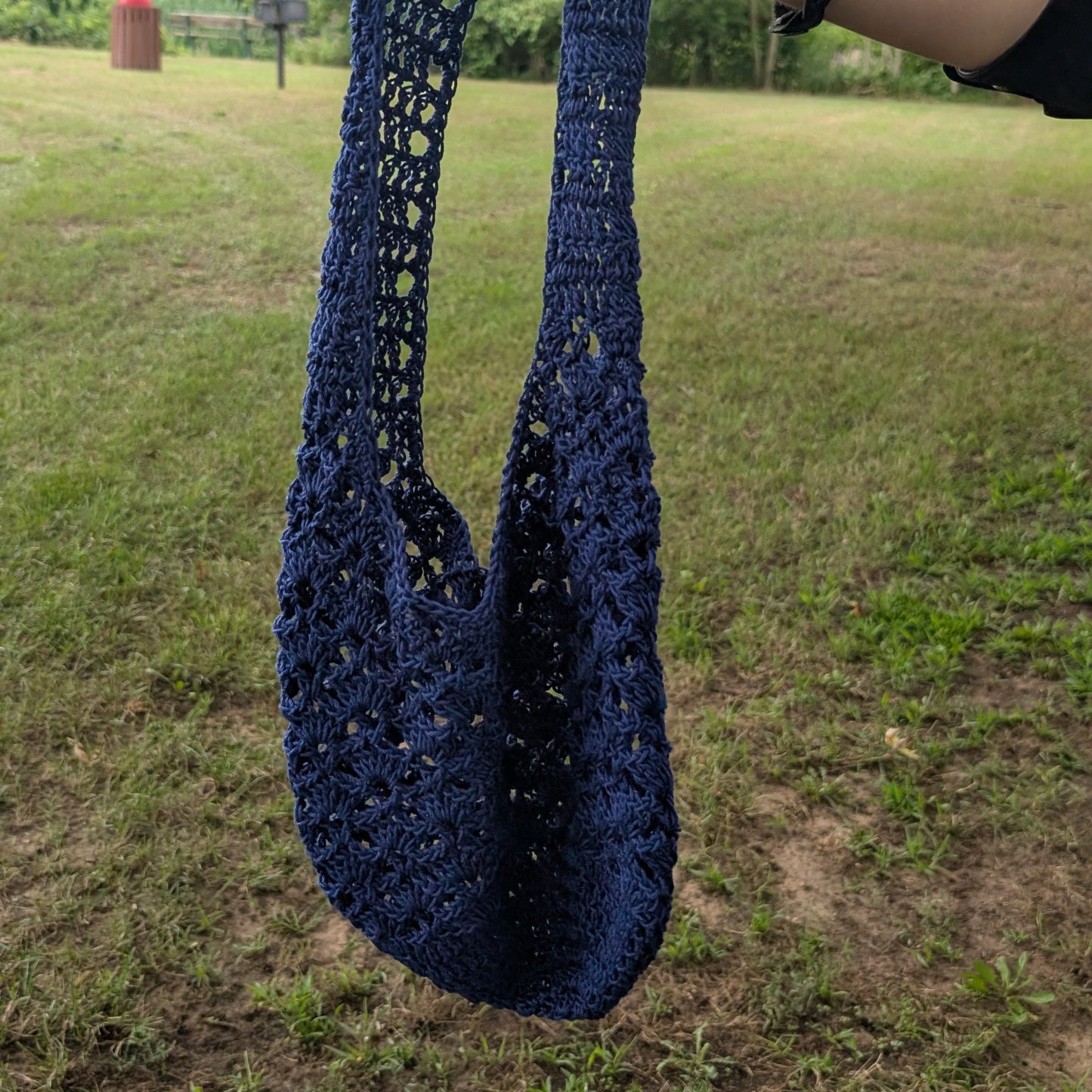 Lacy Market Tote — Handmade Crochet Bag, Deep Indigo — Feather Chakra
