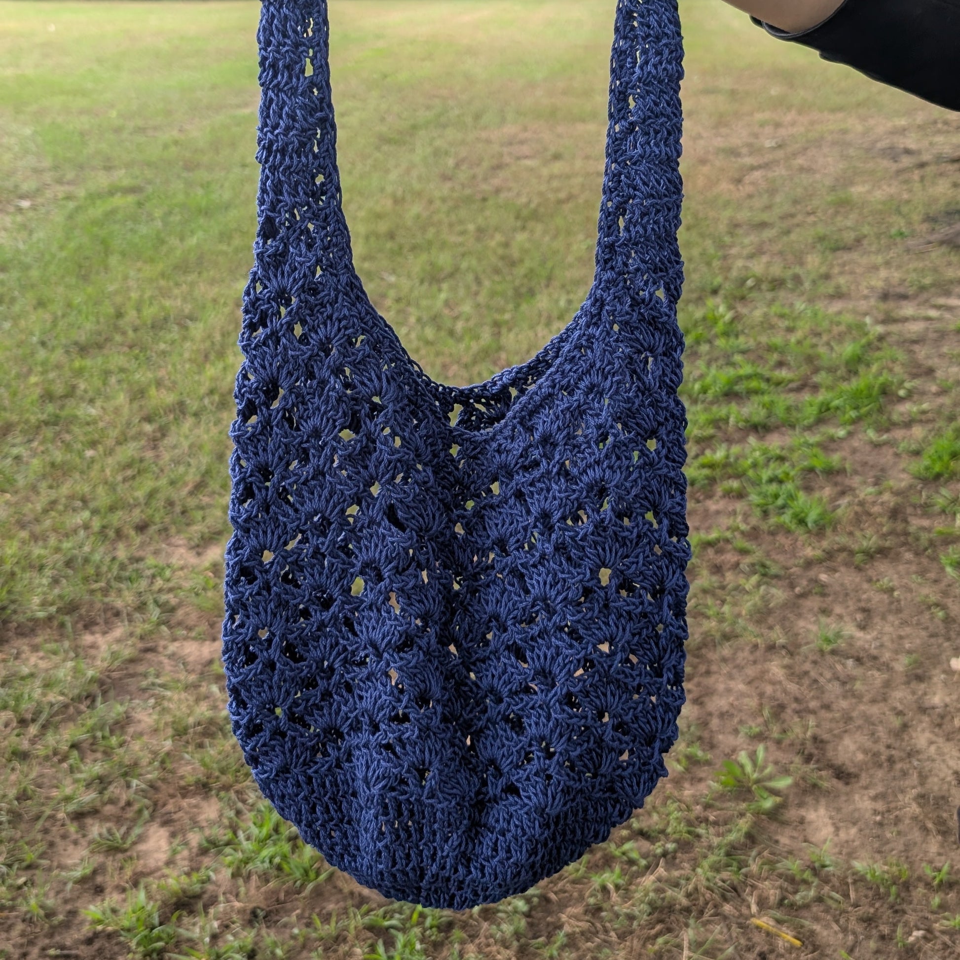 Deep indigo openwork crochet market tote