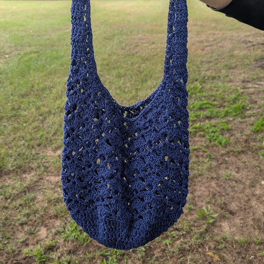 Deep indigo openwork crochet market tote