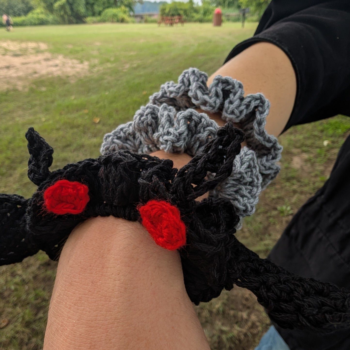 Mothman Scrunchie Set of 3 — Crochet Hair Ties, Black + Silver — Feather Chakra